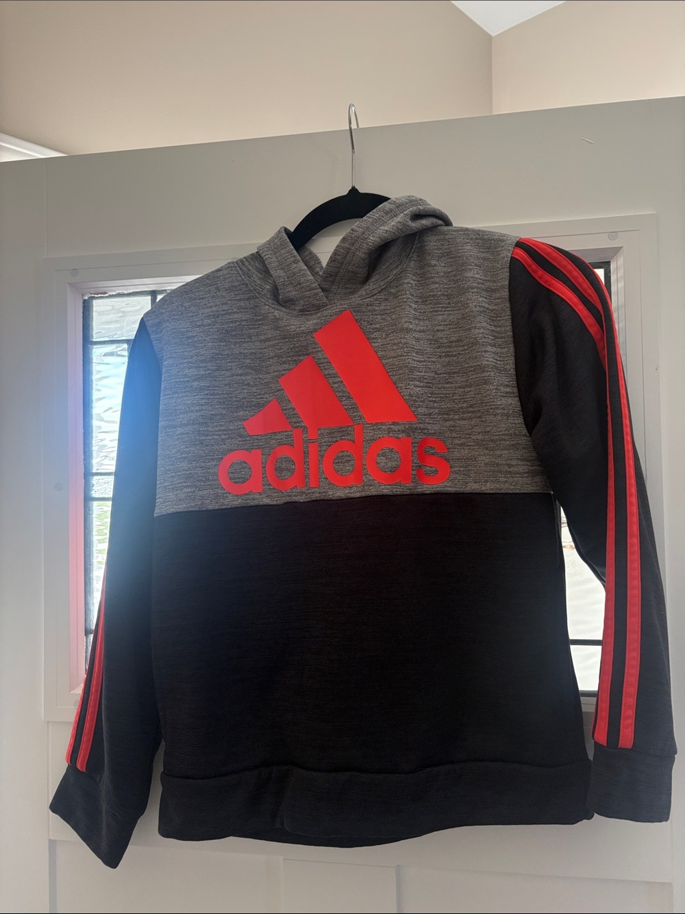 adidas Kids Black & Gray Crewneck Hoodie with Red Logo Stripes